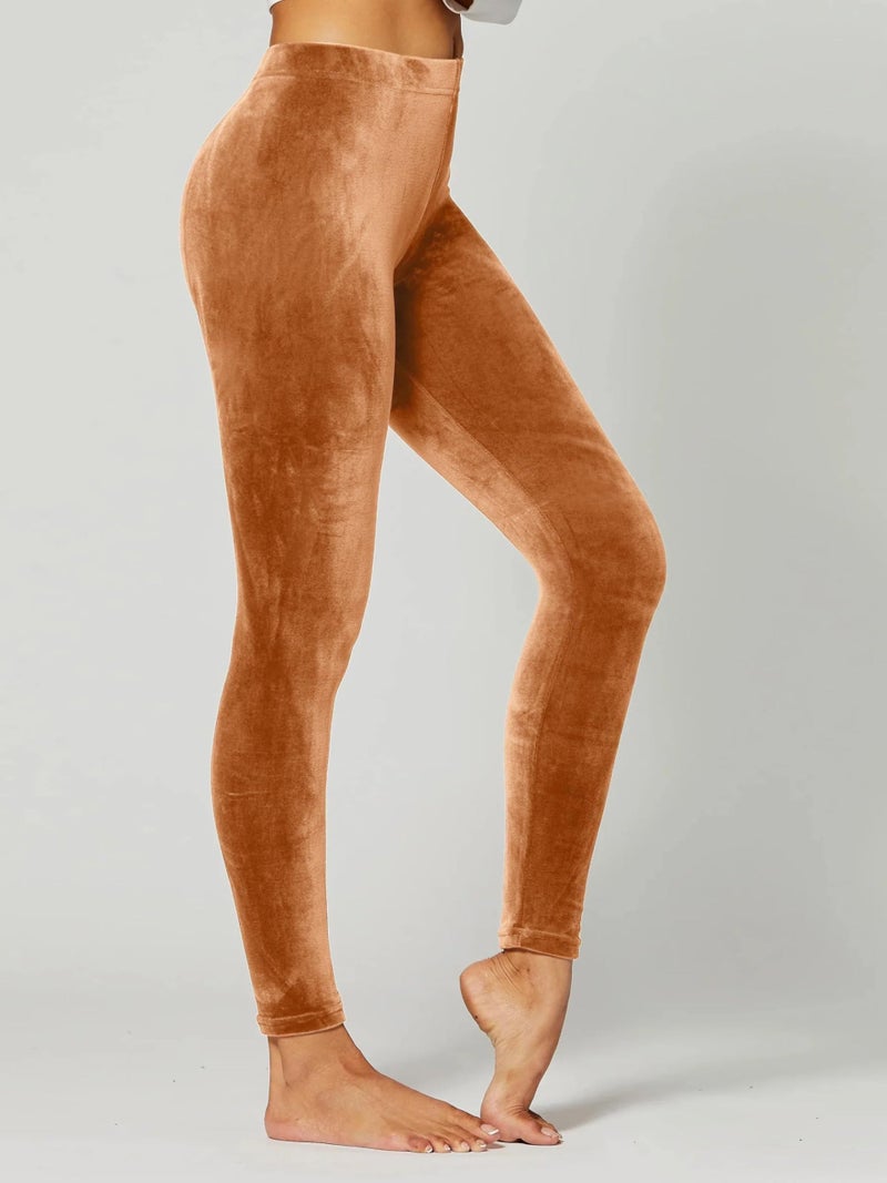 Conceited Velvet Leggings for Women - Soft Warm Velour Pants - Tan/Camel - Medium - Image 5